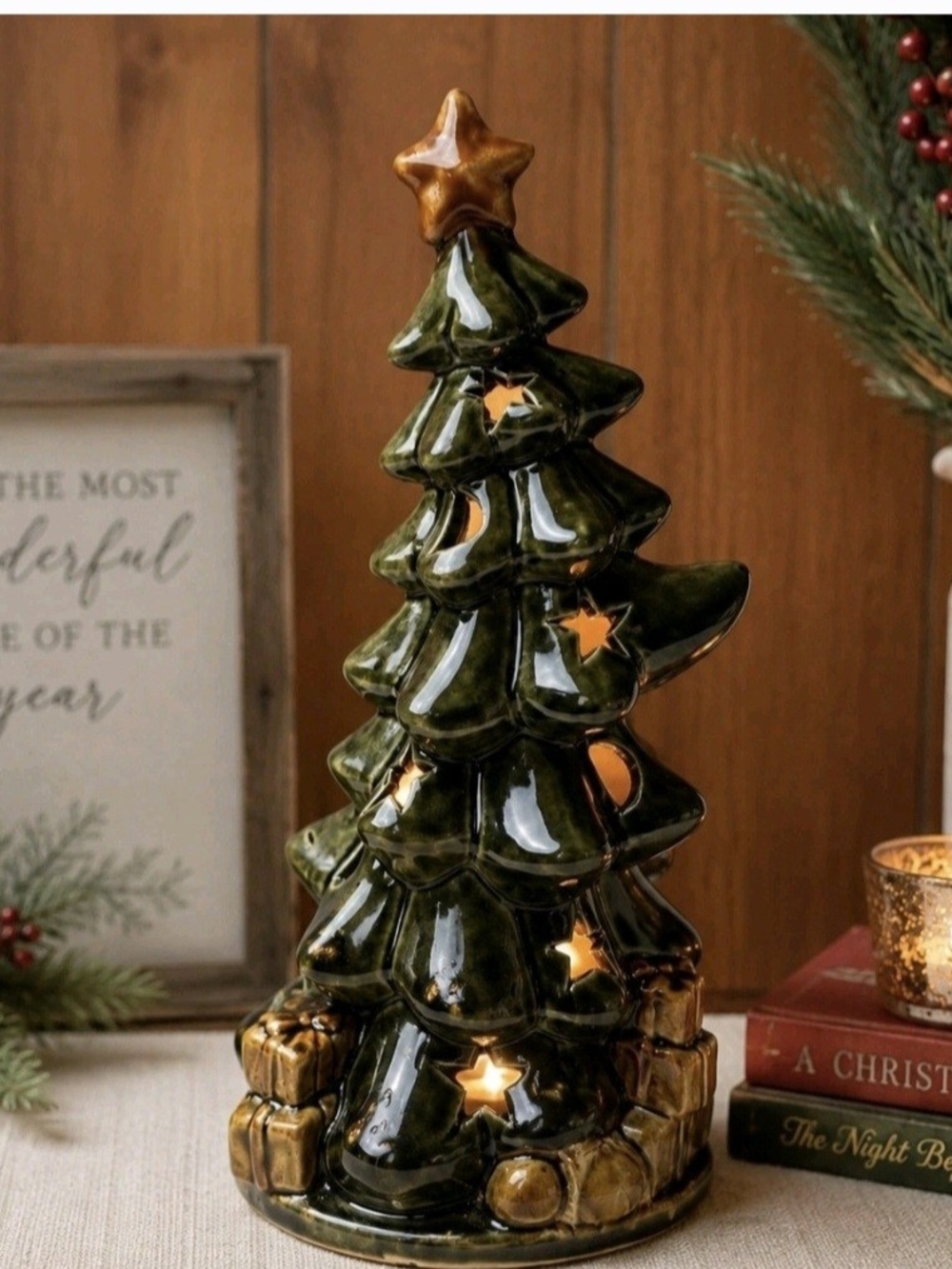 Vintage Ceramic Christmas Tree Tealight Luminary Glossy Green w/ Star Cutout 1Q